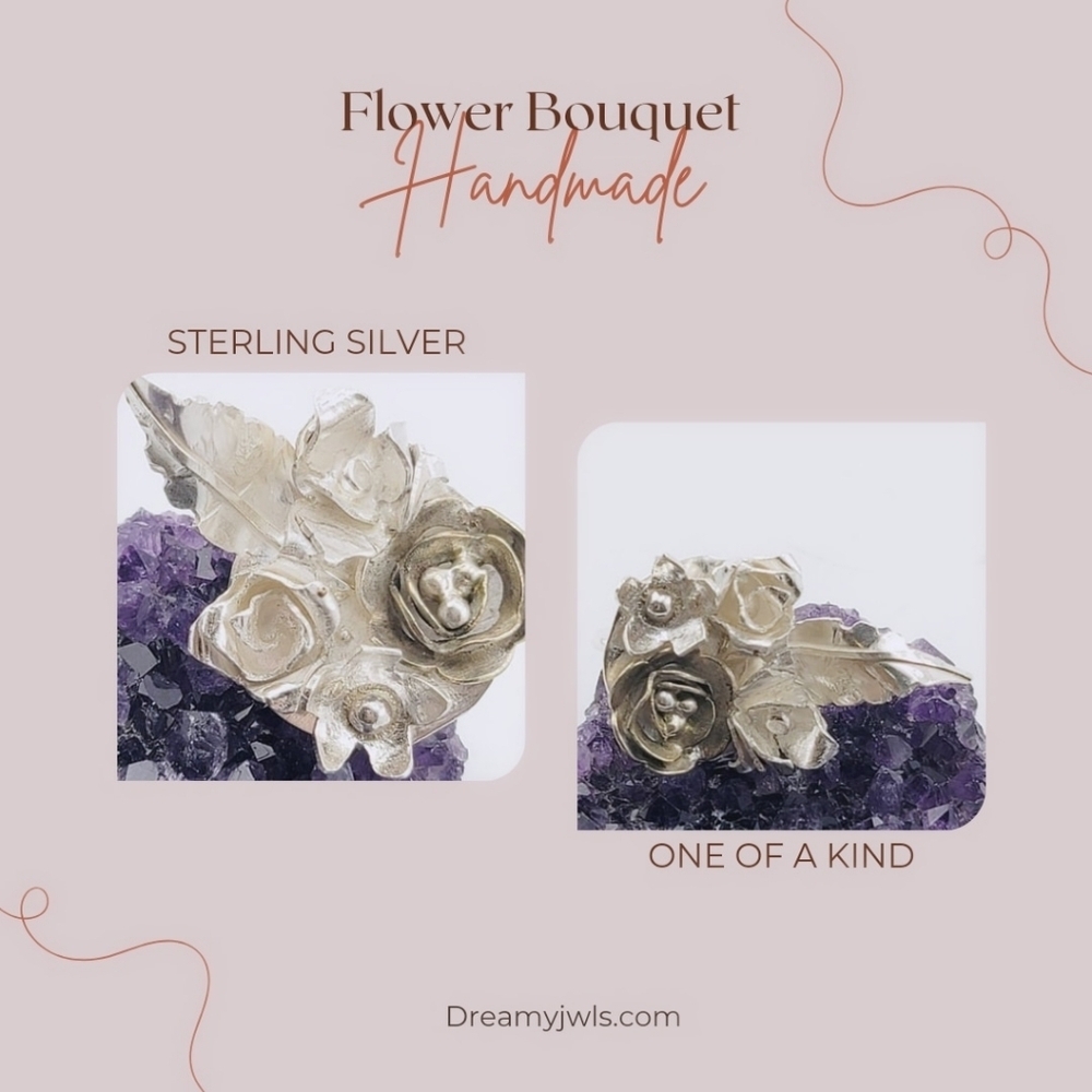 BOUQUET OF FLOWERS HANDMADE RING IN STERLING SILVER METAL SIZE 8.5
